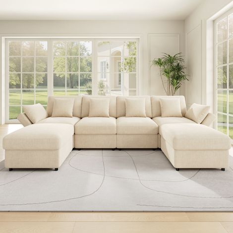 Canapé modulable U/L 284 x 156,5 x 86 cm en chenille beige  2 poufs  accoudoirs réglables 4 coussins 2 appuie-têtes Cloud salon chic