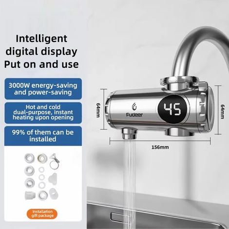 Chauffe-eau électrique 3000 W, robinet d'eau chaude instantanée, double sortie eau chaude/eau froide, avec affichage de la température, 220 V (1/5)