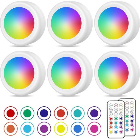 Spot LED Sans Fil, Couleurs Lampe Placard avec Telecommande, Eclairage Batterie Armoire Lumiere Cuisine Sous Meuble, Veilleuse Réglable LED, Lot de 6 (1/5)