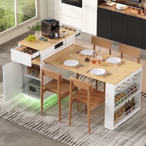 Isla de cocina con ruedas, mesa de comedor extensible con tablero plegable, mesa de bar con enchufes y ganchos, que sirve como isla de cocina. (1/5)
