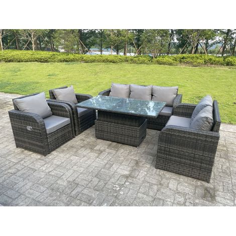 Fimous Dark Mixed Grey Rattan Outdoor Garden Furniture Lifting Adjustable Dining Or Coffee Table Sets Love Seat 2 Seater Sofa 3 Seater Sofa Reclining Chairs 7 Seater