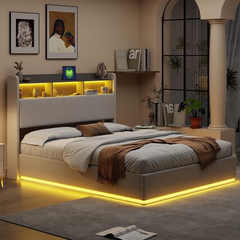 Lit coffre 160x200 cm, Lit double avec Lumière LED, USB et Type-C, Lit capitonné avec rangement, Tête de lit avec rangement, Lit Adulte, Flanelle, Blanc (160x200 cm)