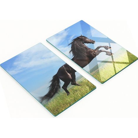 Juego de dos tablas de cocina de cristal con diseño de caballo negro en el prado, 2x30x52 cm. (1/5)