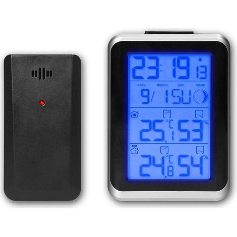 Kabellose digitale Wetterstation mit Außensensor: Thermometer für Innen- und Außentemperatur, Luftfeuchtigkeit, Mondphase, Uhrzeit und Alarm, Anzeige oftrends.