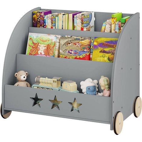 WOLTU Kinderregal für Bücher mit Rollen aus Holz grau (1/5)