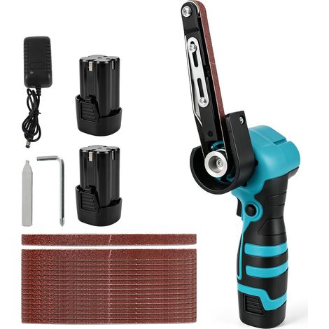 Ponceuse sans fil avec batterie et chargeur, ponceuse à bande électrique à main avec 15 bandes abrasives grain 80-1000 et 2 batteries de 1500 mAh pour bois, métal, polissage et ébavurage (1/5)