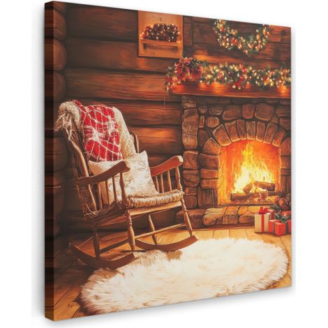 TABLEAU SUR TOILE Hiver - Noël - Maison - Cheminée Tableau Chambre Adulte 90x90 cm