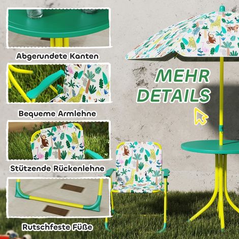 Ensemble mobilier enfant 4 pièces, table avec 2 chaises pliantes et parasol amovible, salon de jardin pour enfants, vert (1/5)