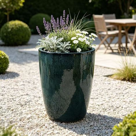 Pot de Fleur Céramique Grand Format Ø38,5x49,5cm Grès Émaillé Vert Mousse avec Drainage Résistant au Gel Extérieur Salon Terrasse (1/4)