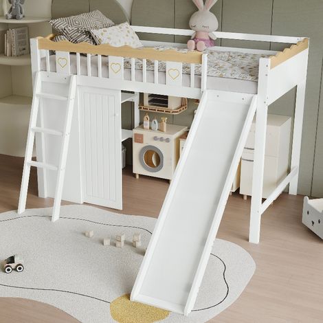 Hochbett mit Rutsche und integriertem Kleiderschrank, Kinderbett 90x200 cm aus Kiefernholz, Spielbett mit Stauraum und Rausfallschutz, Weiß/Natur (1/5)