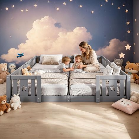 FOERPL-Lit pour Enfant avec avec Étoiles, Lit Montessori au Sol avec Sommier à Lattes, Cadre de Lit Double Enfant en Pin Massif avec Barrière de Sécurité Protection Anti-chute