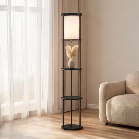 Lampadaire design avec 3 étagères télécommande pied en bois (1/5)