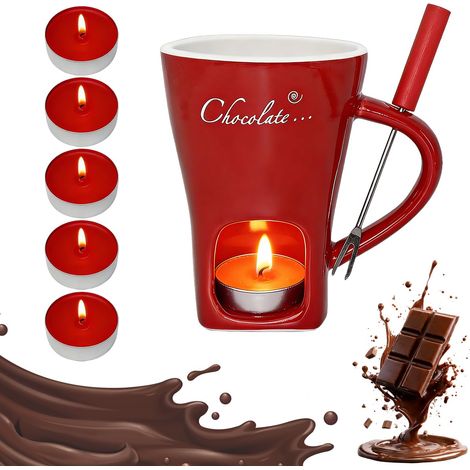 Lot de tasses à fondue au chocolat, 200 ml, en céramique, avec fourchette et bougie chauffe-plat, polyvalentes, pour fromage, chocolat, beurre, caramel (rouge) (1/5)