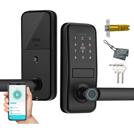 Cerradura inteligente, cerradura de puerta de entrada sin llave con elegante manija negra mate, teclado electrónico con cerrojo de seguridad, teclado táctil y de huella dactilar, cerradura de puerta