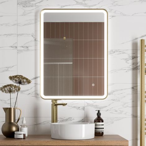 Aquari Rectangular LED Mirror Touch Bathroom Demister Mains Brushed Brass 600x800mm (1/4)