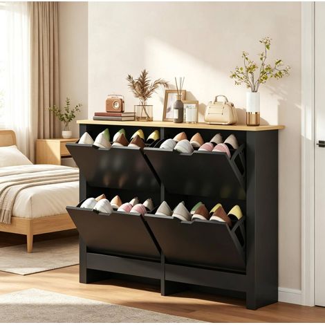 Meuble à chaussures 105x26x80 cm en bois noir, avec rangement gain de place pour entrée FloraGrace (1/5)