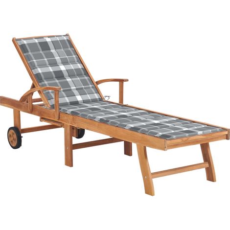 Chaise longue avec coussin à carreaux gris Bois de teck solide (1/5)