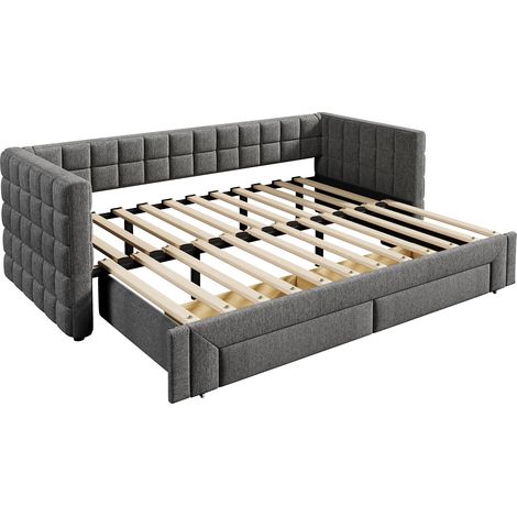 Lit de jour, lit de repos, 90 x 200cm, canapé-lit avec dossier carré, lit gigogne extensible (extensible à 180 Queensize), 2 tiroirs, sans matelas, gris (1/5)