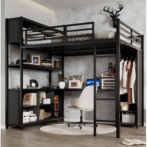 Letto rialzato bambini 140x200 cm con scrivania, vano portaoggetti, armadio e rete a doghe, nero, materasso non incluso (1/5)