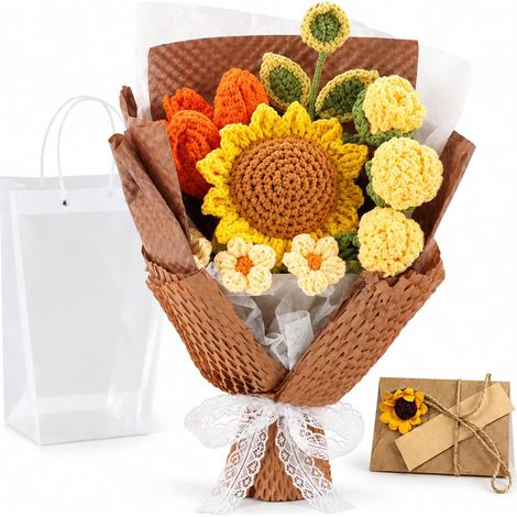 Bouquet de Fleurs au Crochet, Fleurs artificielles tricotées avec Sac Cadeau et Carte, Composition Florale au Crochet Qui ne se fane Pas (Jaune) (1/5)