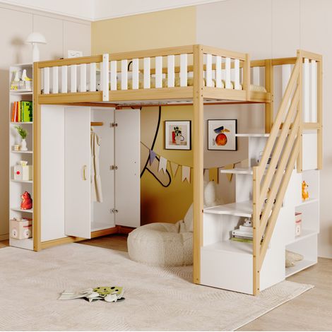 Cama alta de madera blanco y madera natural 90x200 cm con armario, estanterías y escalera con almacenaje (1/5)