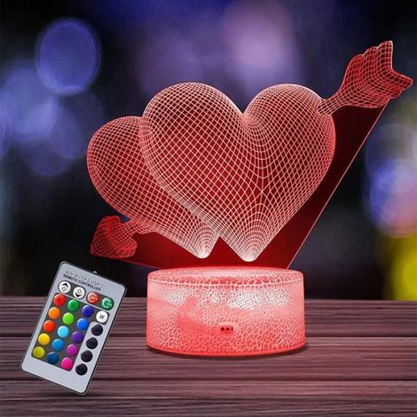 Veilleuse 3D - Lampe LED Cœur - Télécommande 16 Couleurs - Intensité Réglable - Pour Chambre Enfant - USB ou Piles AA - 9 x 13,5 x 21 cm (1/4)
