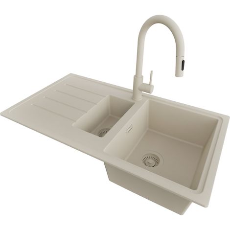PRIMAGRAN Evier Cuisine en Granit 90x50cm,Lavabo 1,5 bacs + Robinet 40x20cm + Kit de Vidage, Évier à Encastrer au meuble 60cm - Copenhague Duo, Beige (1/5)