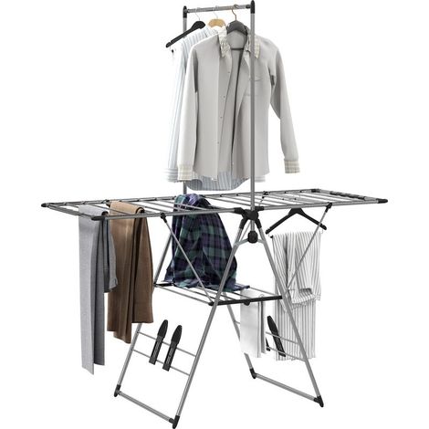 Étendoir à linge pliable, séchoir sur pied avec rallonges réglables, porte-chaussures, acier inoxydable, 156,5 x 68 x 192 cm, argent (1/5)