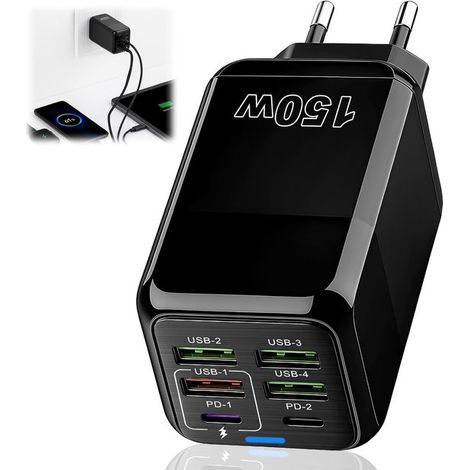 Caricabatterie rapido USB multiporta da 150 W con 6 porte (2 USB-C PD + 4 USB-A QC 3.0). Compatibile con iPhone 17，16，15，14，13 Pro Max，S24 (1/5)