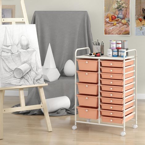 Chariot avec Tiroirs avec 2 Freins à Pieds Chariot de Rangement avec 15 Tiroirs en Plastique 63 x 37 x 87 CM Blanc + Rose (1/3)