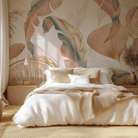 Papier peint feuillage tropical pastel doré ambiance douce papier peint