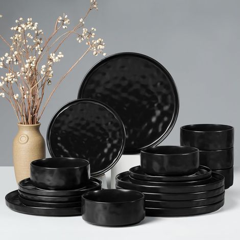 Service de vaisselle pièces en vaisselle en grès Set de vaisselle avec assiettes assiettes à dessert et bols à céréales résistants au micro-ondes et au lave-vaisselle Noir (1/5)