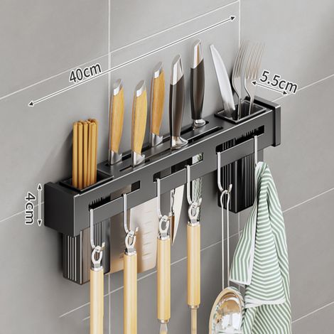 Étagère de cuisine murale en acier inoxydable, sans perçage, avec rangement amovible pour baguettes et ustensiles de cuisine.