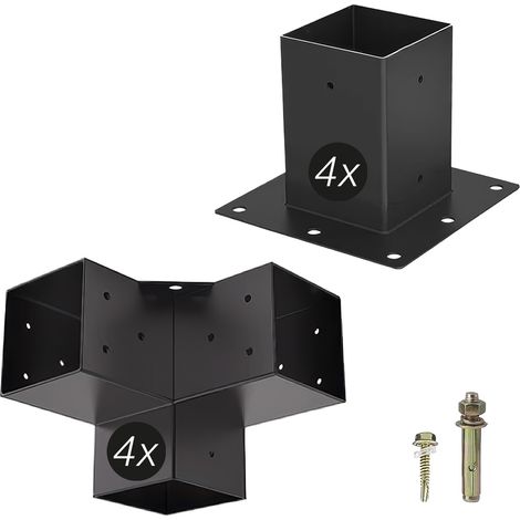 SOTECH Holzverbinder / Bodenanker vierkant, Stahl verzinkt und schwarz pulverbeschichtet für höchsten Korrosionsschutz, Aufbau SET 8-tlg (4x Eckverbinder + 4x Bodenhülse)
