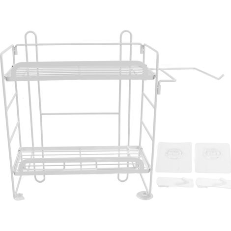 Étagère de Toilette Murale en Fer 2 Niveaux Pliante avec Crochets Déco Salle de Bain Blanc (1/5)