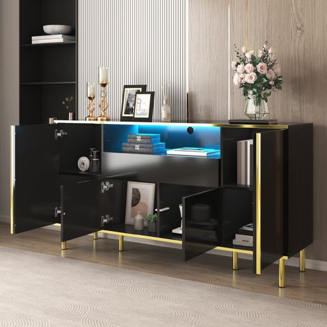 Buffet, commode noire laquée brillante à 1 tiroir, commode, commode de chambre, buffet noir laqué brillant – L 150/P 40/H 80 cm (1/5)