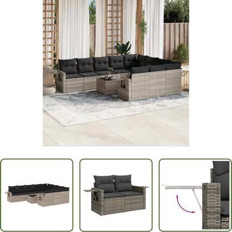 Vidaxl – Salon de jardin 11 pcs – Résine tressée gris clair – Coussins épais déhoussables – Table en verre trempé – Conception modulaire (1/5)