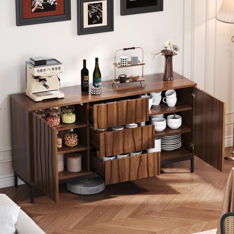 Buffet de 150 cm en chêne foncé veiné, 3 tiroirs, grand buffet, meuble de cuisine, découpe monobloc, meuble décoratif de style moderne du milieu du siècle pour la cuisine, le salon, l'entrée ou le cou