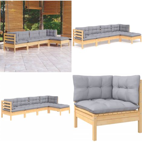 5-tlg. Garten-Lounge-Set mit Grauen Kissen Kiefernholz - Gartensessel - Lounge Set - Gartenmöbel - Rattan Möbel - Outdoor Furniture - Home & Living (1/5)