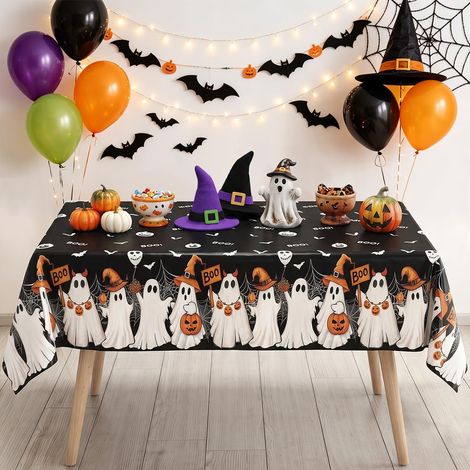 Halloween-Tischdecke, 130 x 220 cm, mit Geister-, Kürbis- und Spinnennetzmotiv, für Zuhause, Küche, Esszimmer und Partydekorationen (1/5)