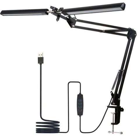 Lampe de Bureau LED, Double tête lampe bureau, 5 Modes de Couleur 5 Niveaux de Luminosité, Col de cygne flexible et Peu encombrante lampe pince, lampen de table, Noir (1/4)