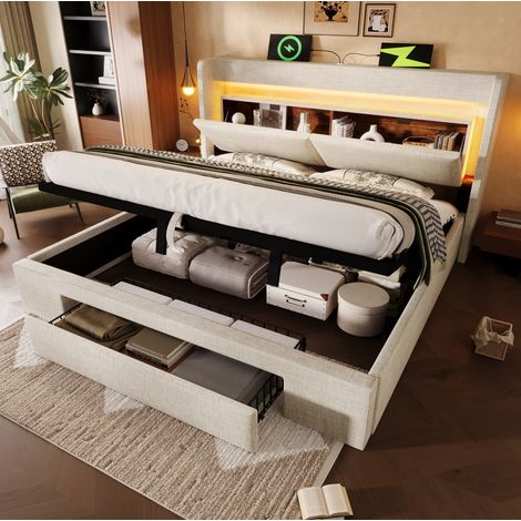 Cama tapizada 140/200 cm beige de lino con almacenaje hidráulico, LED y USB-C (1/5)