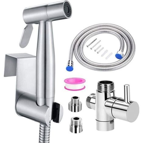 Douchette WC bidet portable en acier inoxydable avec vanne 3 voies (1/2"-3/8") idéale pour l'hygiène personnelle (1/4)