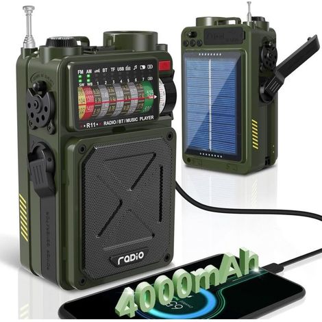 Radio solaire d'urgence AM/FM/SW avec Bluetooth, batterie externe rechargeable 4000 mAh, lampe torche, alarme SOS, prise casque, carte SD, USB, manivelle pour camping, randonnée, vert kaki (1/4)