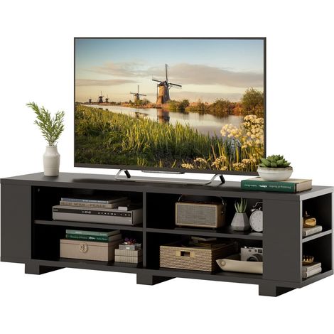 COSTWAY Mueble para TV de hasta 65 ", Centro de Entretenimiento Multimedia de 3 Niveles con 4 Compartimentos Abiertos, 4 Estantes Laterales, Mesa de Consola de TV de Madera (Negro) (1/5)