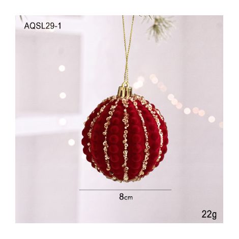 Boule de Noël en plastique à texture velours 8cm / Rouge et vert (1/2)