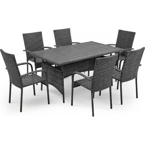 Mesa de Comedor + 6 Sillas en Ratan PE. Muebles de Jardin y Terraza, Ratan Gris