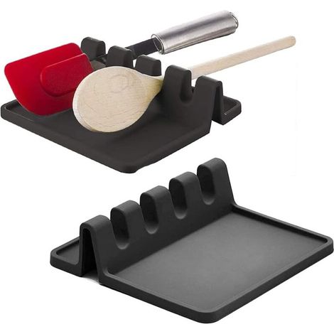 YMYNY 2er-Pack Utensilienablagen aus Silikon, Löffelablage aus Silikon, Küchenutensilienablage mit Abtropfschale, rutschfester Besteckhalter für Löffel, Schöpfkellen, Besteck und Pfannenwender (schwar (1/4)