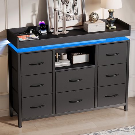 Commode 8 tiroirs, buffet salon, espace de stockage ouvert, éclairage LED, structure en métal, Pieds réglables en hauteur, 108x30x80 cm - noir (1/5)