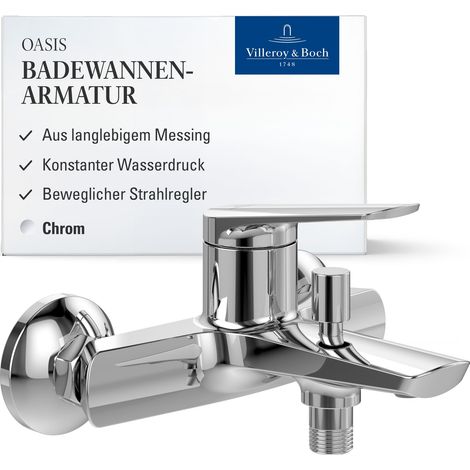 Villeroy & Boch Oasis Badewannenarmatur Aufputz, Wasserhahn Badewanne mit Rückflussschutz und Umstellfunktion, Mischbatterie Badewanne mit beweglichem Strahlregler, rund, Chrom (1/5)